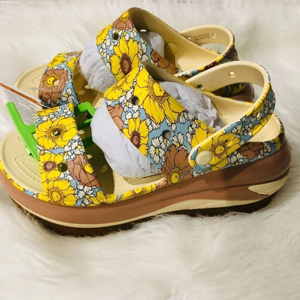 Crocs Mega Crush Retro Floral Sandal Bone‎ Multi Sunflower Platform Size M7 W9